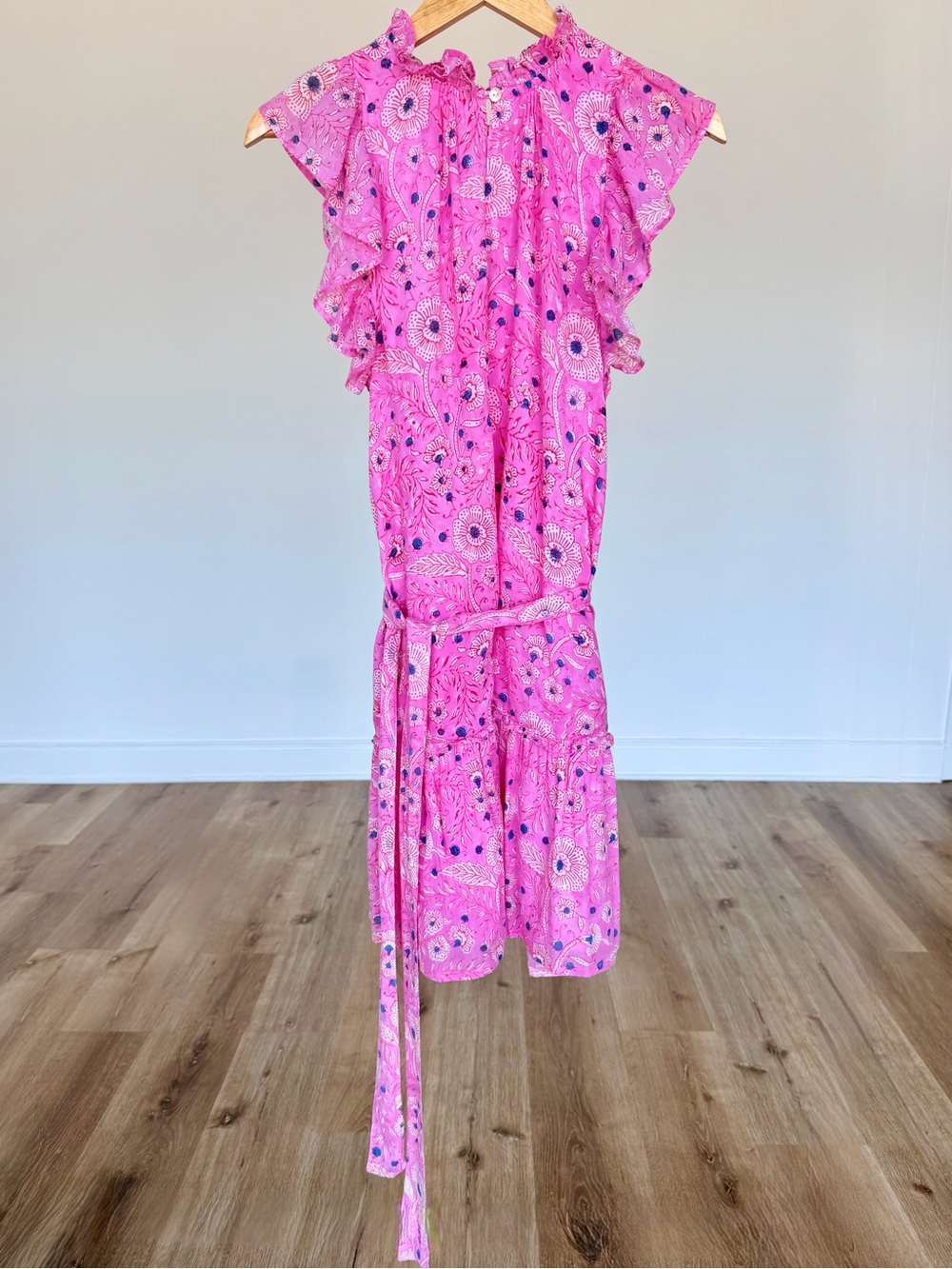 Oliphant Pink Floral Cotton Ruffle Midi Dress Belted Size S  EUC